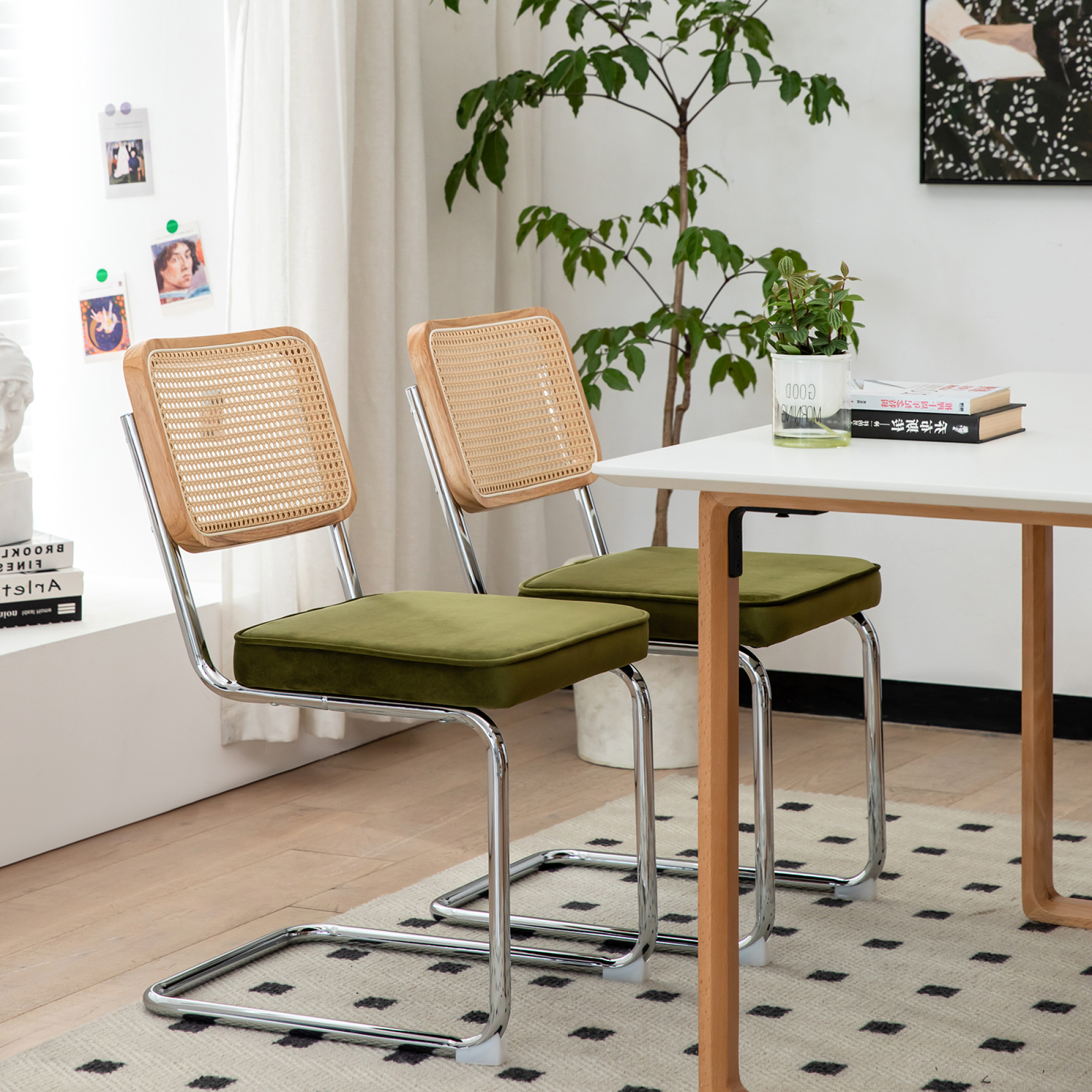 Leumius Set of 2 Dining Chairs, Velvet Rattan Side Accent Chairs with Chrome Legs, Modern Mid Century Breuer Designed Chairs for Dining Living Room Kitchen (Olive Green)