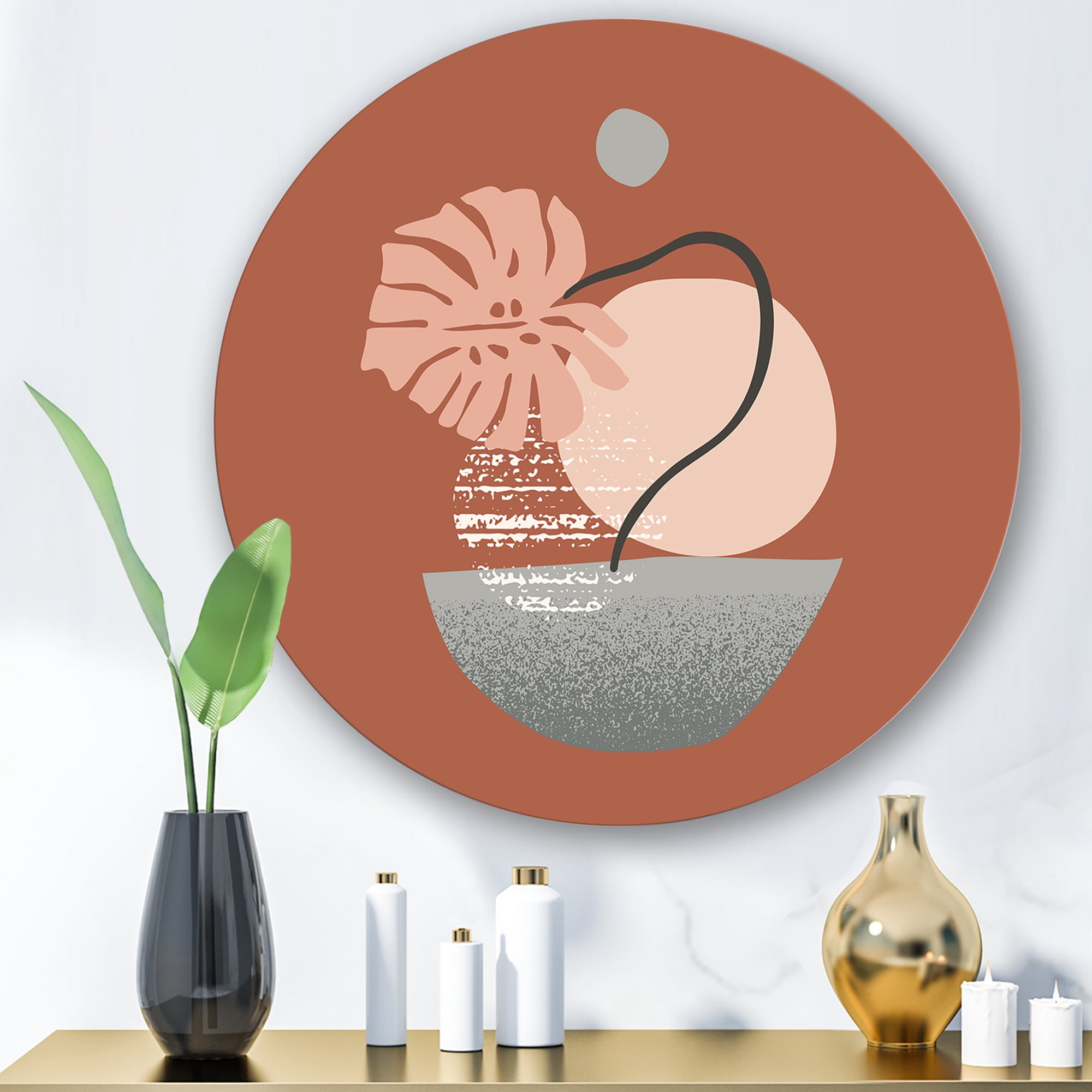 Designart 'Abstract Geometry Shapes and Tropical Palm Leaf IV' Modern Circle Metal Wall Art 11x11 - Disc of 11