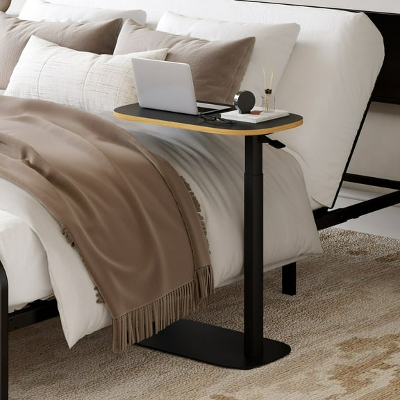 BOBOKY Adjustable C Table with Wheels Overbed Table Rolling Bedside Table Mobile Laptop Desk for Sofa Living Room.Black/Maple
