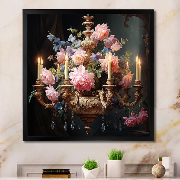Designart "Vintage Floral Chandelier in Pink III" Fashion Framed Wall Art Decor - Glam Pink Chandelier Entryway Framed Wall Art