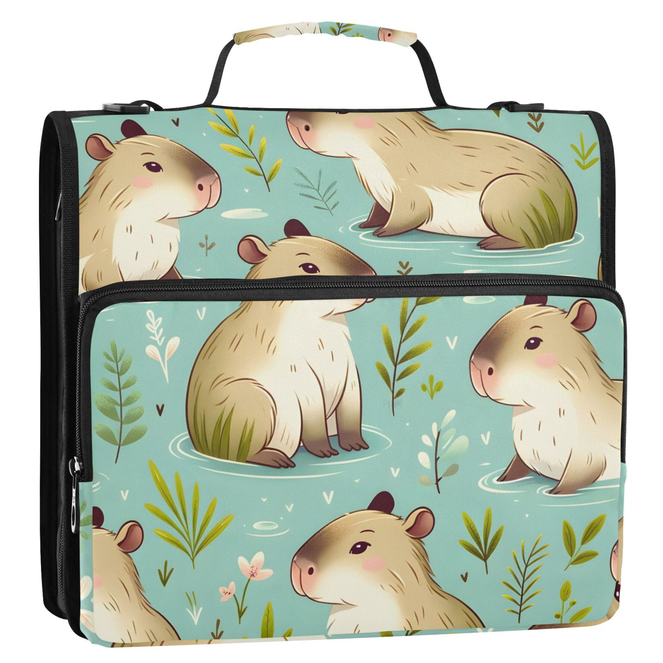 3 Ring Zipper Binder with Shoulder Strap Waterproof Trapper Keeper 2 Inch D-Ring 500 Sheets Capacity Cute Capybara and Leaf