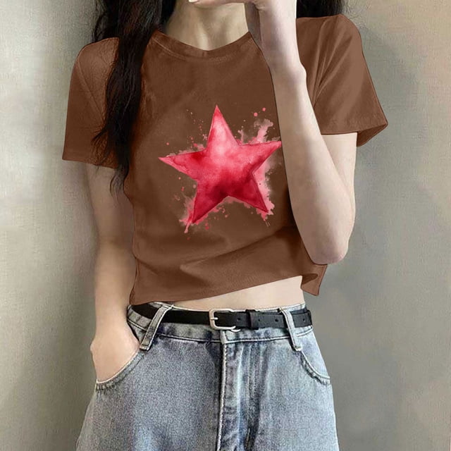 T-Shirt Blouse Court à Manches Courtes et Col Rond Imprimé Décontracté pour Femmes