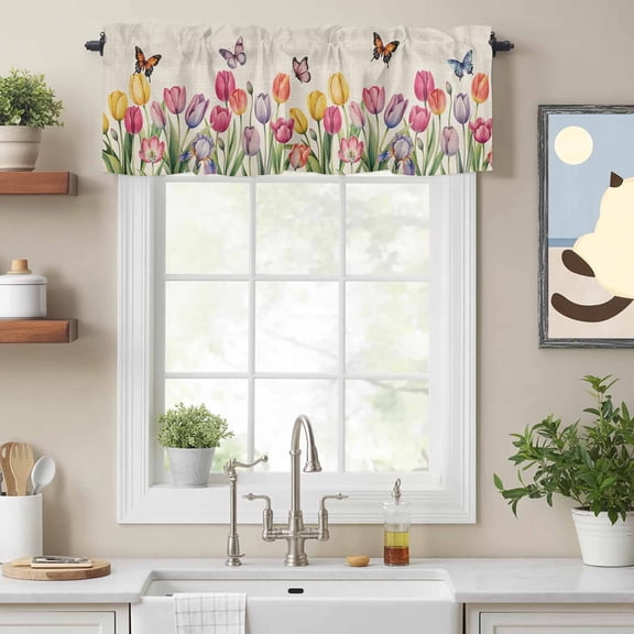 Valance Curtains for Windows Tulip Butterfly Kitchen Curtians Window Treatment Spring Flower Beige Topper Curtain Rod Pocket Valances for Kitchen Bathroom Living Room 42x12in