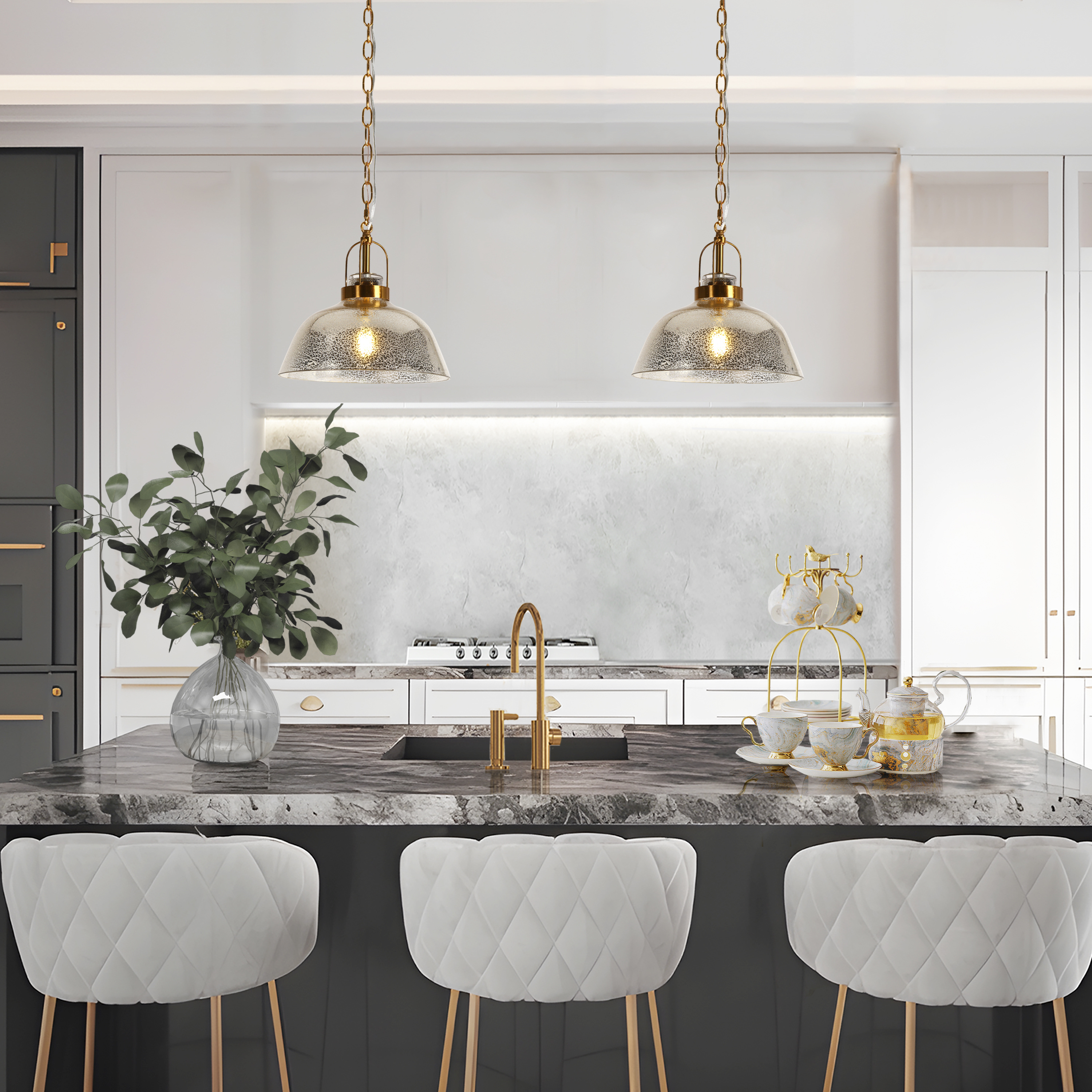 LNC Gold Dome Pendant Light with Ripple Glass Shade, Adjustable Height, E26 Socket