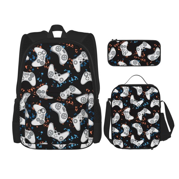 Disketp Cool Gamepad Mochila Estampada de Gran Capacidad con Lonchera y Estuche, Set de 3 Piezas para Estudiantes