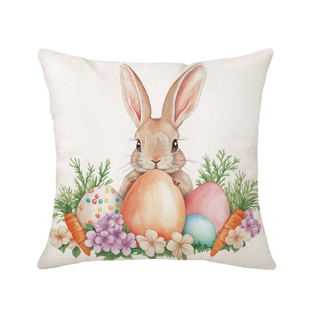 Easter Pillow Covers with Rabbits and Egg Patterns, Decorative Linen Throw Pillow Cases, Square Cushion Covers for Sofa Couch Home Holiday Decor