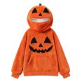 thumbnail image 5 of Kids Halloween Pumpkin Hoodie, Zip Face Cover Jack-o'-Lantern Long Sleeve Pullover Sweatshirt with Pocket, Soft Cozy Top for Boys Girls Trick-or-Treat(Orange17,5-6 Years), 5 of 5