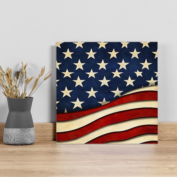 Vintage American Flag Wall Art Painting on Canvas, Red Beige Waves Canvas Art Home Prints Wall Art Framed Modern Artwork for Living Room Bedroom Wall Decor 20x20in
