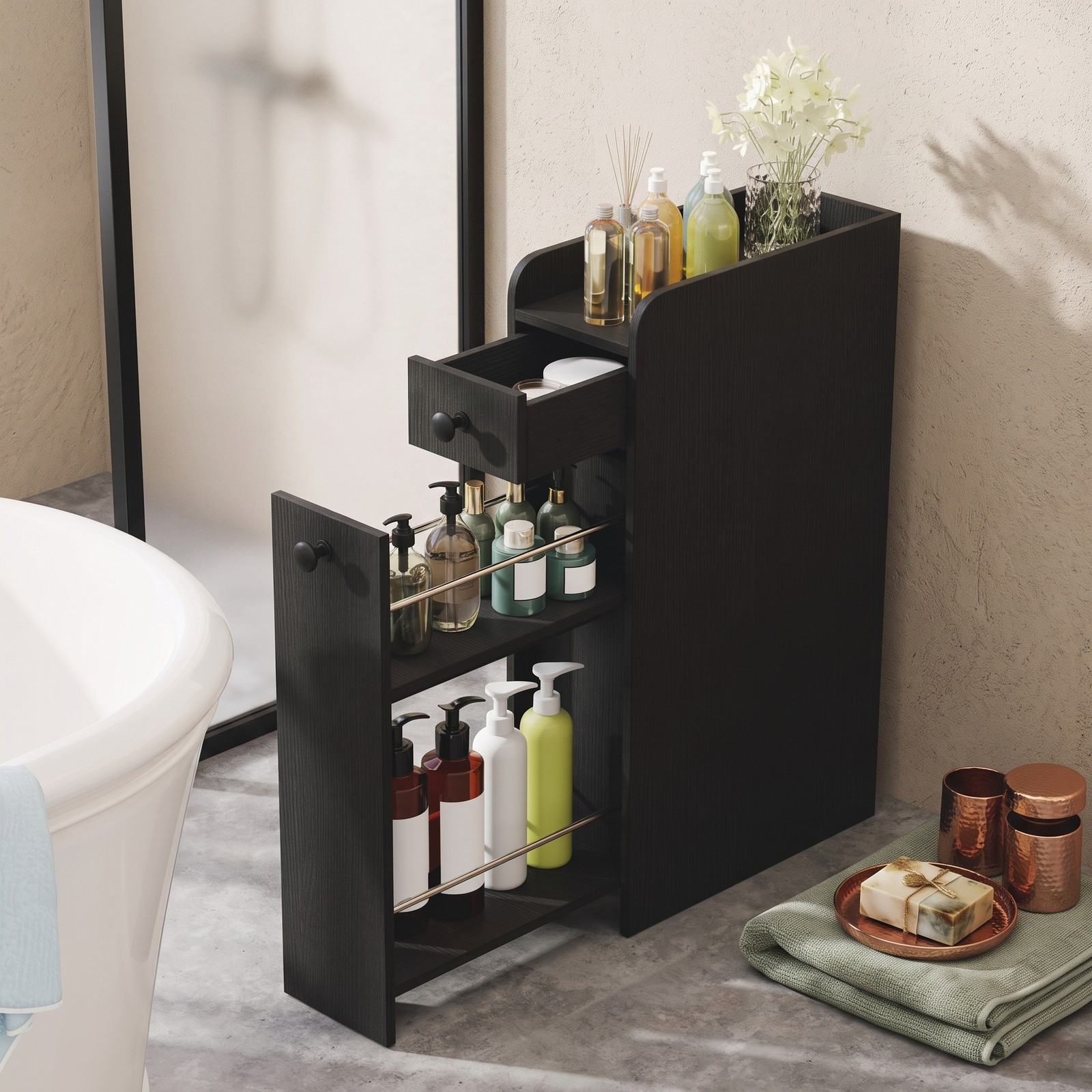 Fenbeli Small Bathroom Storage Cabinet, 4-Tier Slim Narrow Organizer Tower with 3 Slide-Out Drawers on Casters, Freestanding Rolling Storage for Bathroom, Black
