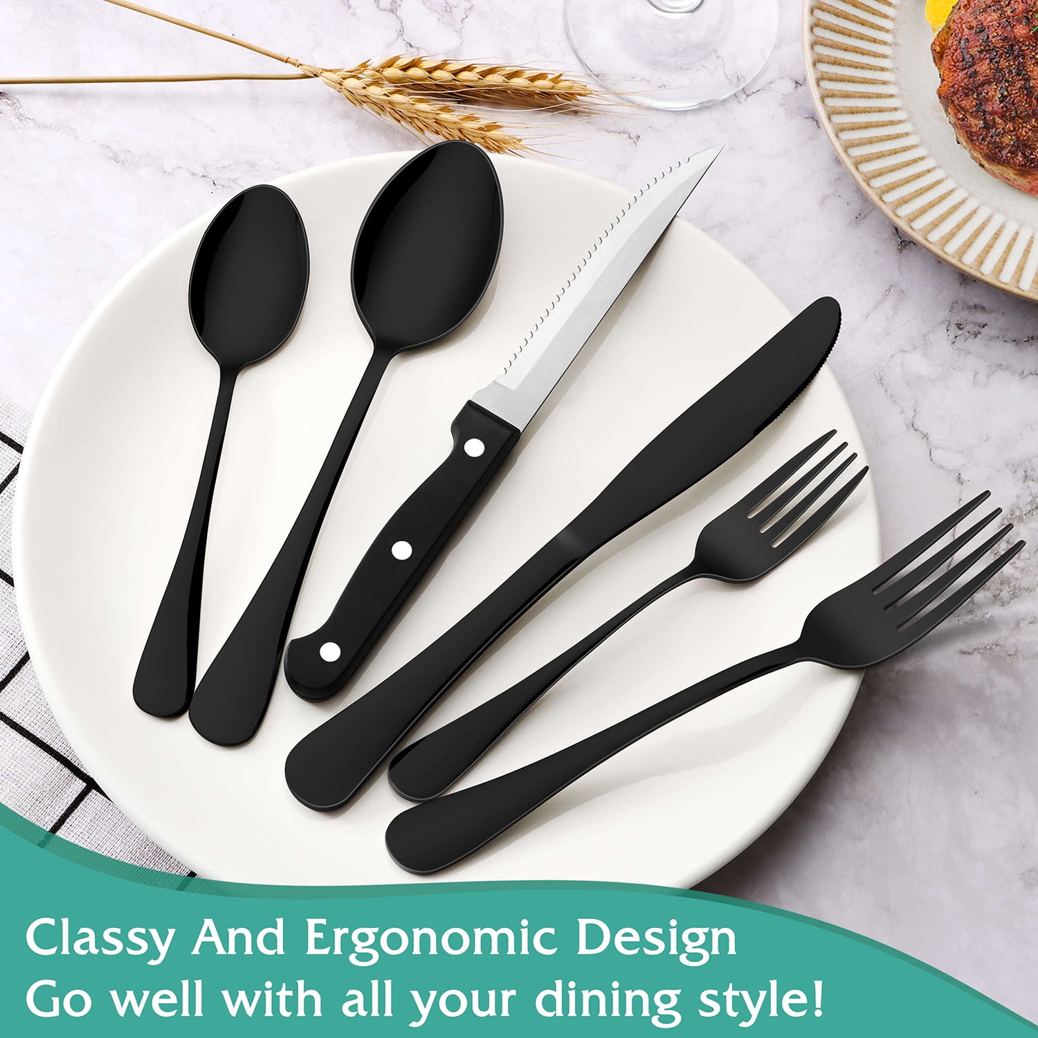 24 Pcs Black Silverware Set with Steak Knives, Stainless Steel Flatware Cutlery Set Service for 4, Kitchen Tableware Set, Utensil Set for Home and Res : Black Heavy Duty Silverware Set, 24-Piece Stainless