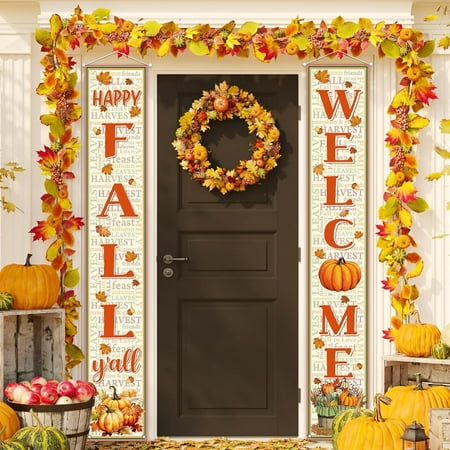 Fall Decorations Outdoor Hello Fall Yall Welcome Porch Sign Banner Autumn Thanksgiving Friendsgiving Harvest Festival Birthday Party Baby Shower Gender Reveal Wedding Decorations Banner