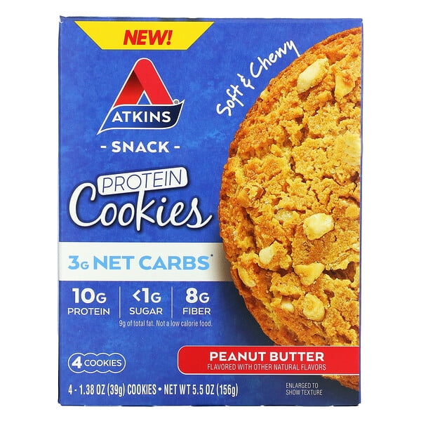Atkins, Snack, Protein Cookies, Peanut Butter, 4 Cookies, 1.38 oz Pack of 2