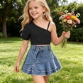 thumbnail image 7 of Kids Girls Sets Crew Neck Short Sleeves T-Shirt Tops And Pleated Elastic Waist Denim Skirt Outfits Bow Decoration Loose Casual Daily Clothes Summer Age 2-7 Years Black 4-5Years, 7 of 7