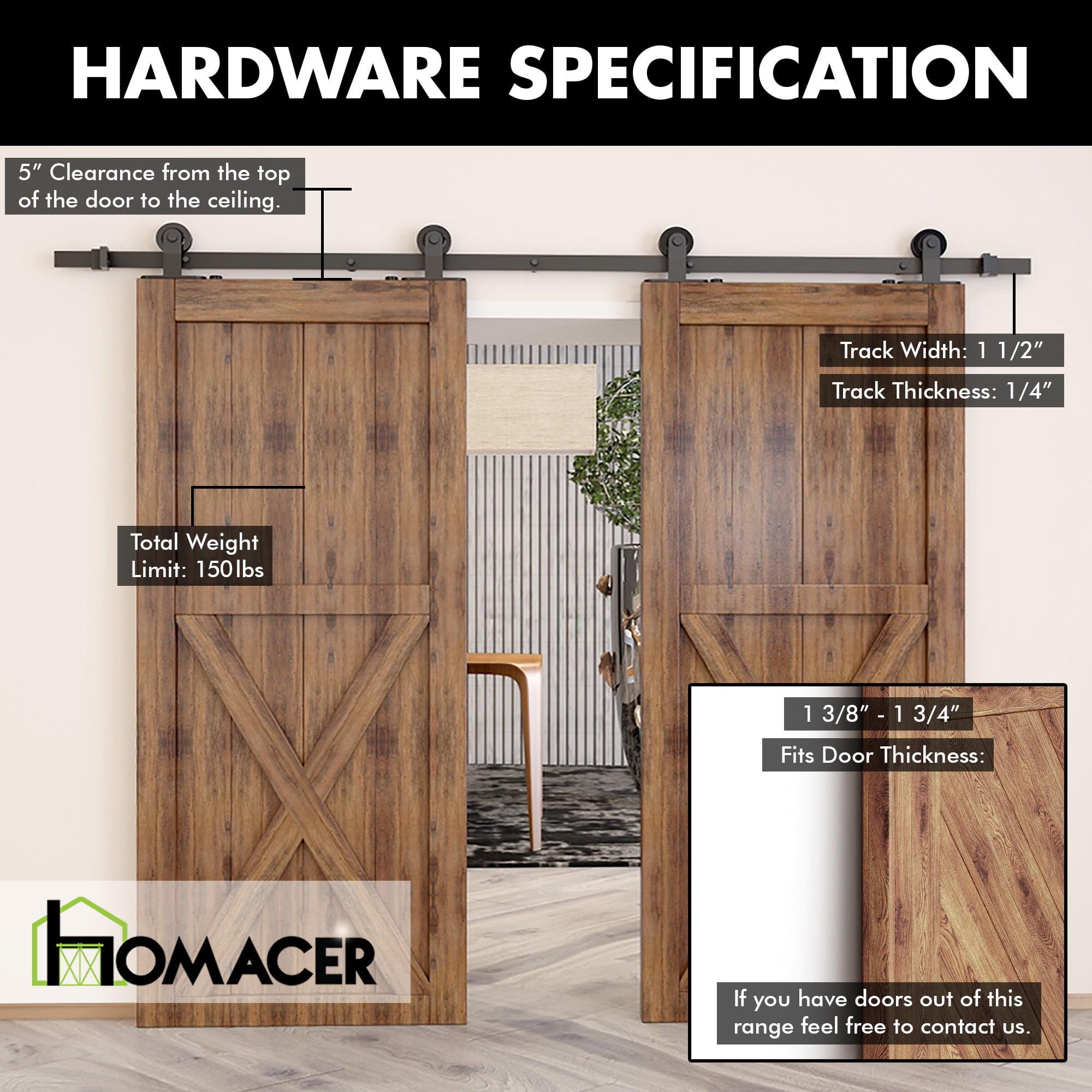 Homacer Black Rustic Sliding Barn Door Hardware Kit, for Two/Double Doors,  9ft Long Flat Track, T-Shape Design Roller, Heavy Duty, for Interior &