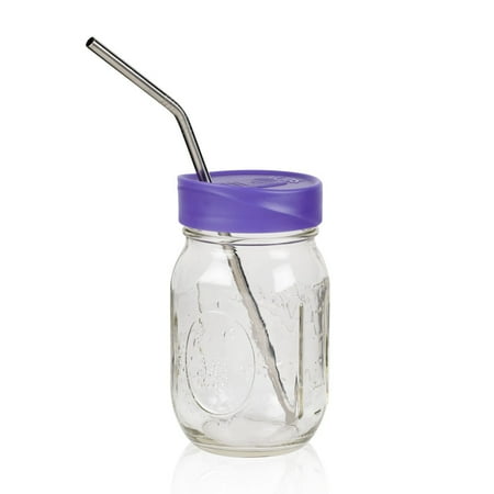 Glass Jar With Lid And Straw Mason Jar On The Go Eco-Friendly Drink Set with Drink Lid, Metal Straw & Glass Jar - 16 oz - Purple ()