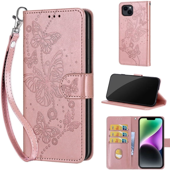 Embossed Pattern Wallet Case for iPhone 15 Plus, Flip Luxury PU Leather Case with Card Holder Wrist Hand Strap, Full Body Shockproof Protection Stand Folio Cover for iPhone 15 Plus, S4rosegold