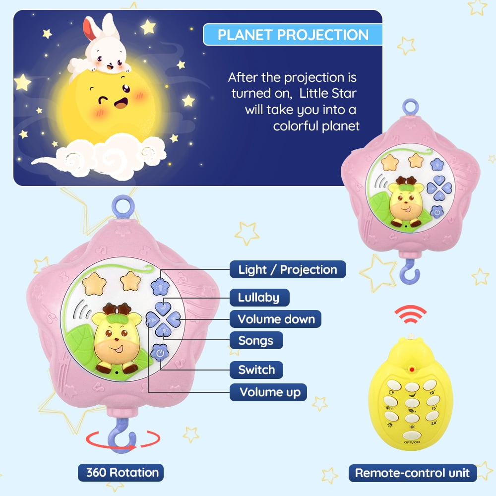 Baby Crib Mobile with Remote Control, Music, Star Planet Projector, 360° Rotation - Pink Musical Baby Mobile with Detachable Chewable Rattles & Teethers