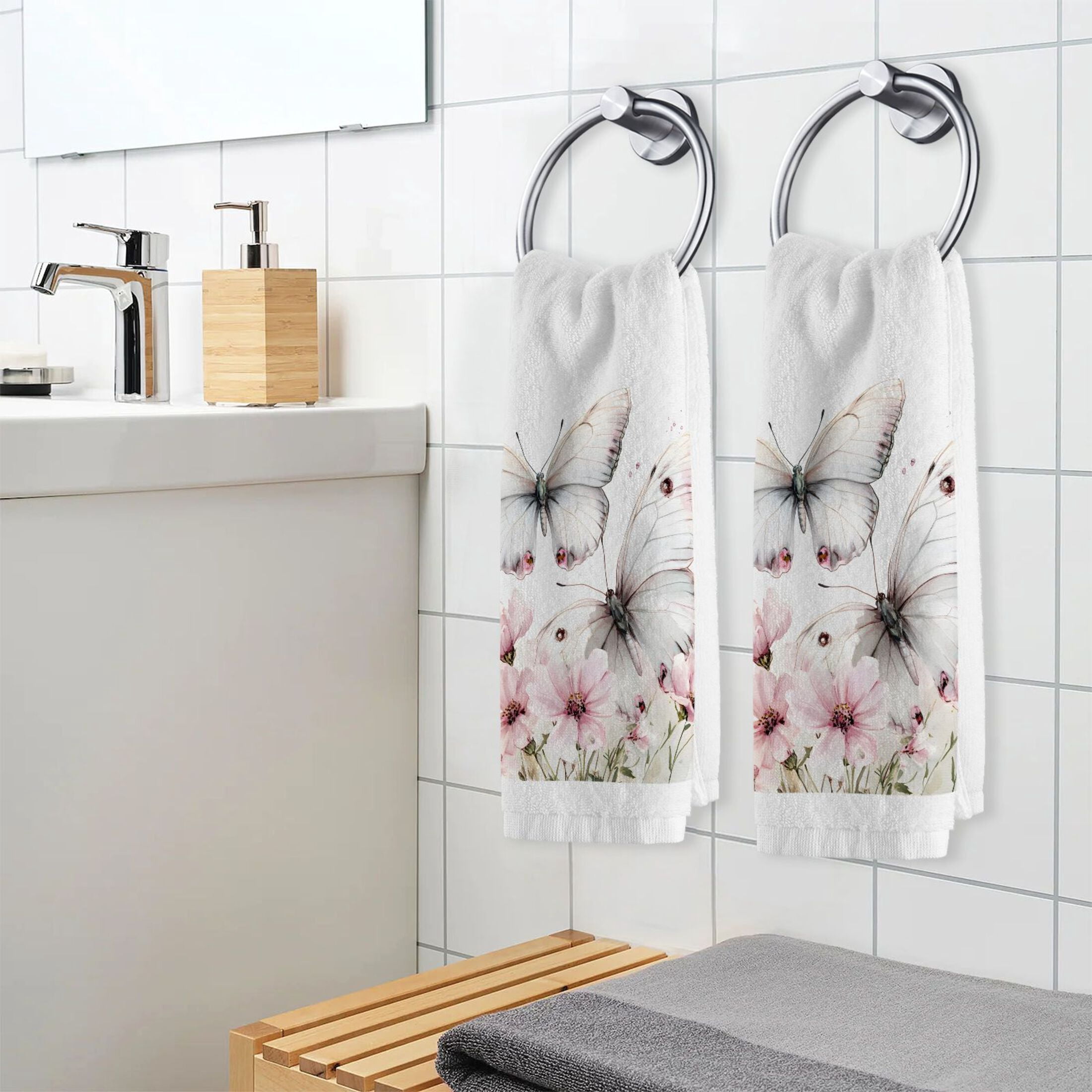 Watercolor Butterflies Flower Hand Towels Set for Bathroom Cotton Face Towel Decorative 15.5x29.5 inch