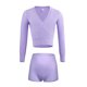 thumbnail image 3 of Conjunto de dos piezas de jersey de cuello en V de color liso para niños, camiseta de capa base de punto, suéter de manga larga, capa base y pantalones cortos de punto, top de poliéster para niños., 3 of 4