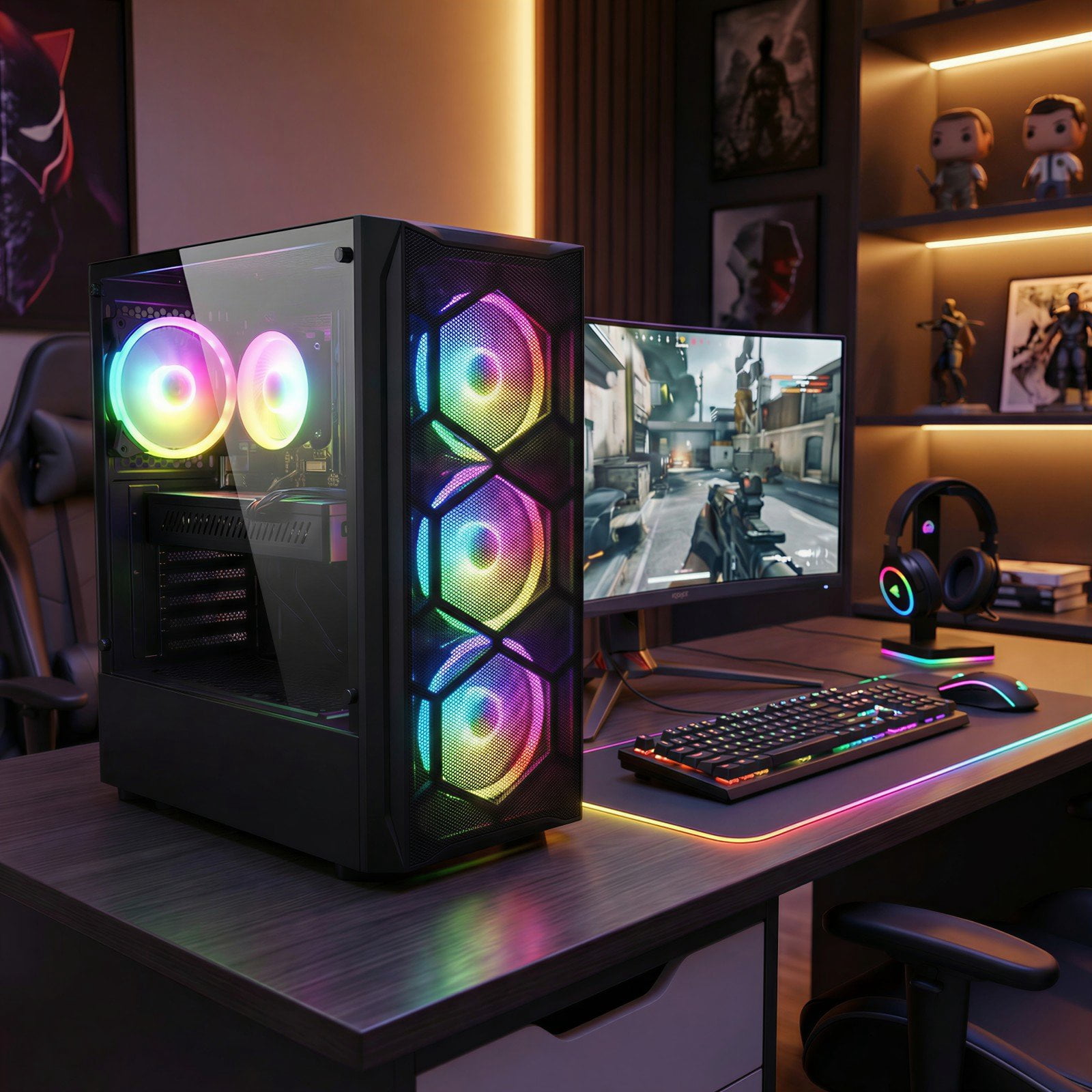 STGAubron Gaming Desktop PC, Radeon RX 580 8G GDDR5, Intel Core i7 up to 3.9G, 16G RAM, 1T SSD, WiFi, BT 5.2, RGB Fan x4, Windows 11 Home