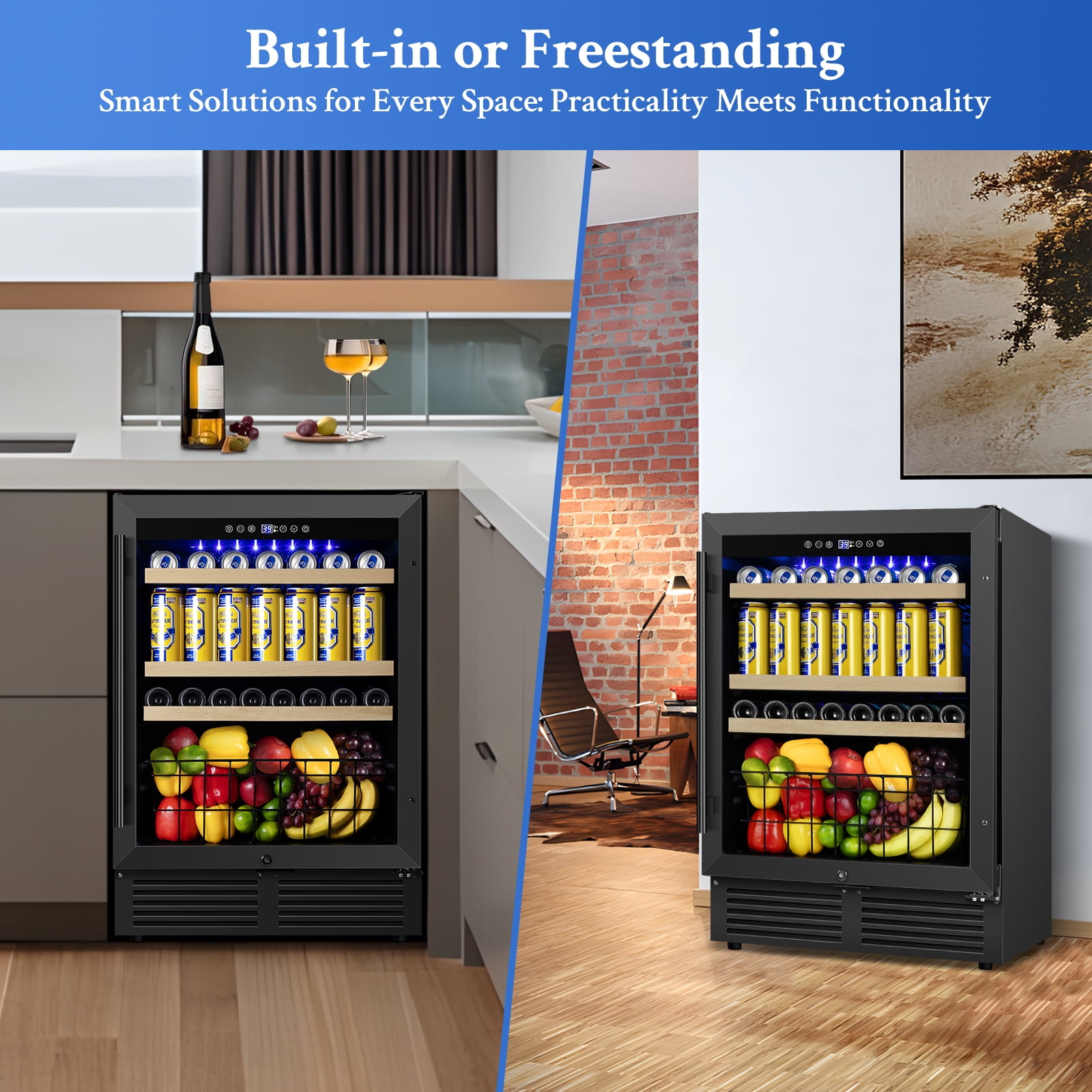 TITTLA 24 Inch Beverage Refrigerator Cooler,180 Cans,Built in,37°-65°F, Low Noise Energy Saving for Beer and Soda or Fruit, Black