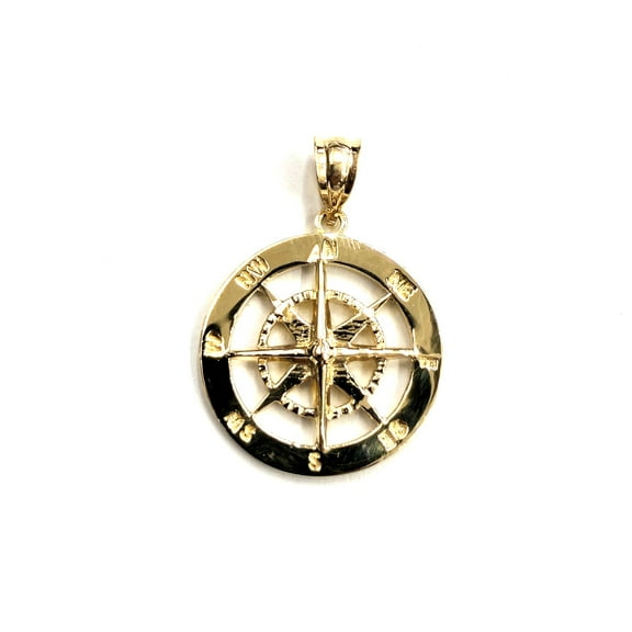 14k Yellow Gold round compass pendant charm Unisex gift fine jewelry 0.73" 3.2g