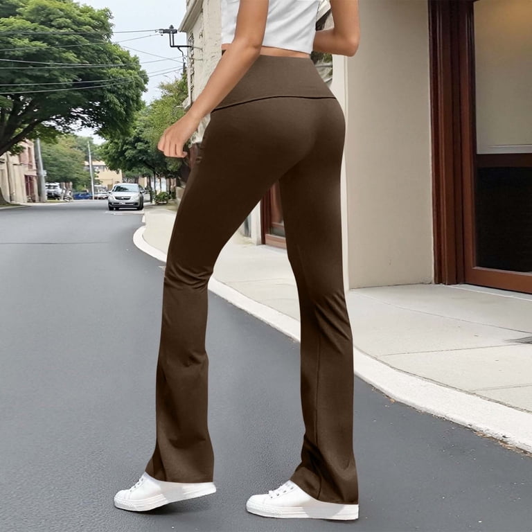 Qatainlav Womens Flare Leggings Fold Over High Waist Yoga Pants Buttery Soft Bell Bottom Leggings Solid Casual Y2k Sweatpants Holiday Sales Brown XXL,