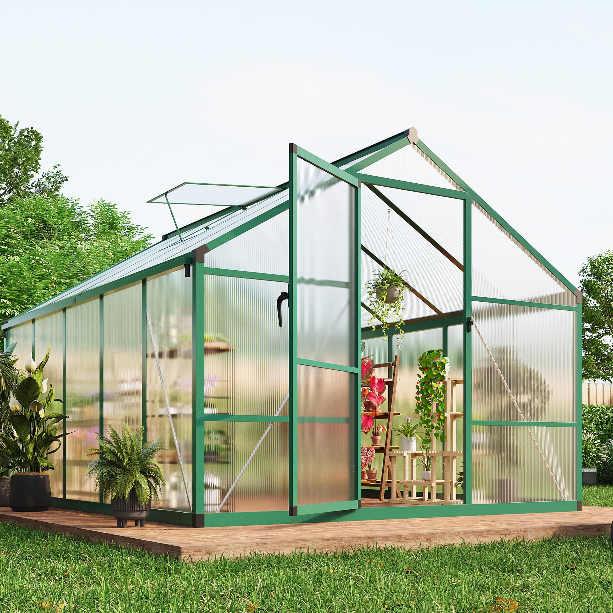8x12FT Walk-in Green Houses,Large Aluminum Greenhouses for Outdoors,Heavy Duty Polycarbonate Greenhouse with Roof Vent, Greenhouse for Winter Garden,Backyard,Patio,Lawn,Easy Assembly(ship in 2 boxes)