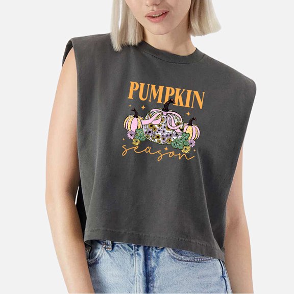 EcoLoom Fall Pumpkin Season Graphic Shirt Autumn Thanksgiving Cap Sleeve Muscle Crop Shirt Women Sleeveless Baby Tee