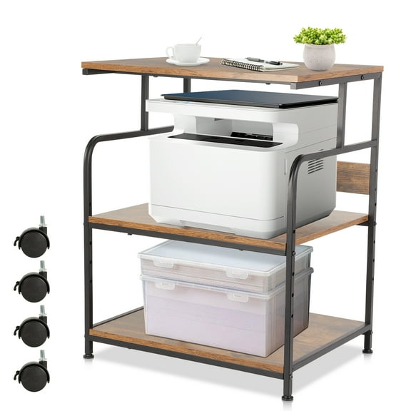 Printer Stand with Wheels, 3 Tier Large Printer Table, 23.6 x 18.9 x 29.5 Inch Office Table with Height Adjustable Storage Shelf for Printers Home Office, Rolling Cart for Printers Tables, Brown