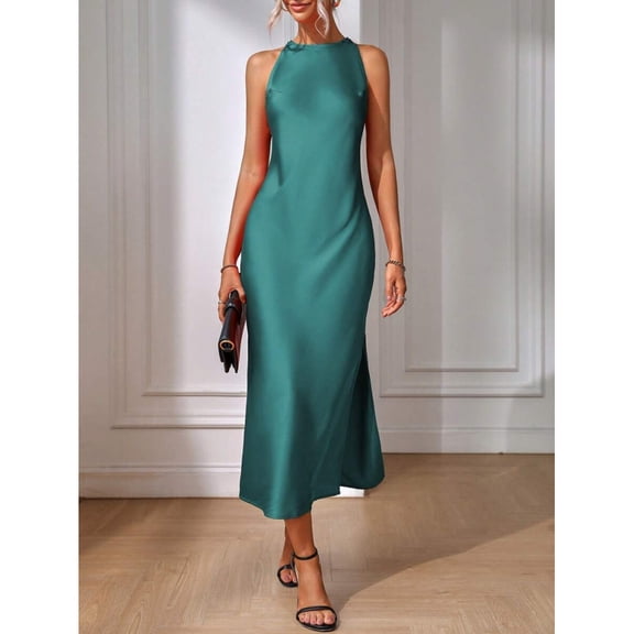 Teal Blue Sleeveless High Neck Maxi Dress With Fishtail Hem And Side Slit