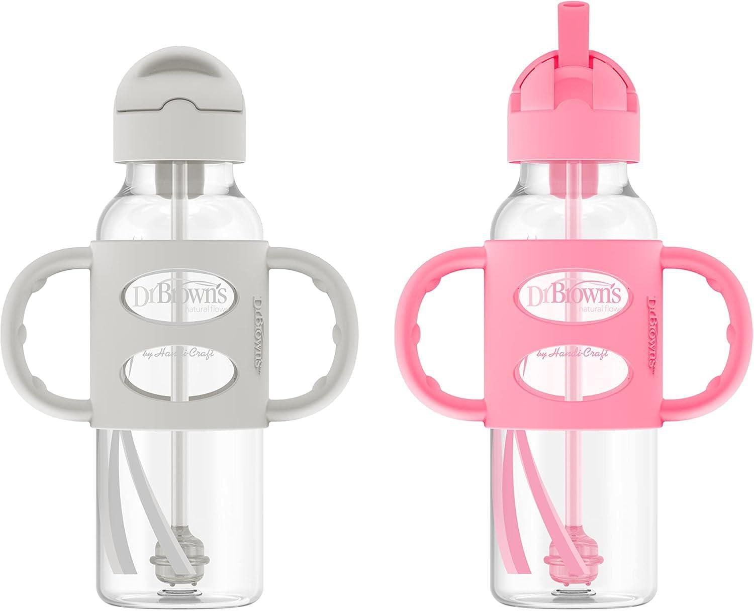 Dr. Brown's Milestones Narrow Sippy Straw Bottle, Spill-Proof with 100% Silicone Handles, Gray/Pink, 6m+, 2x8oz Bottles