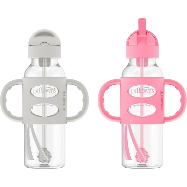 Dr. Brown's Milestones Narrow Sippy Straw Bottle, Spill-Proof with 100% Silicone Handles, Gray/Pink, 6m+, 2x8oz Bottles