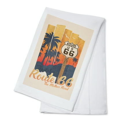 - Route 66 - The Mother Road - Palm Tree Sunset - Tape Art - Lantern Press Artwork (100% Cotton Kitchen Towel)