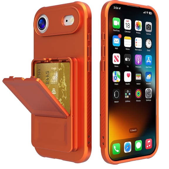 Allytechgroup iPhone Air Case with Card Slots & Makeup Mirror, Rugged Shockproof Kickstand Bumper Protective Hard PC Cover Phone Case for Apple iPhone Air, Orange