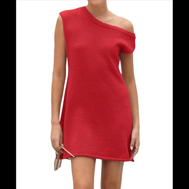 Vestido Mini de Punto Elástico con Hombros Descubiertos y Mangas para Mujer, Vestido Holgado para Vacaciones, Atuendo Liso. Rojo M