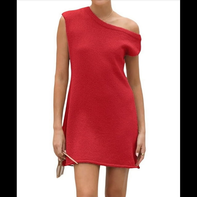 Vestido Mini de Punto Elástico con Hombros Descubiertos y Mangas para Mujer, Vestido Holgado para Vacaciones, Atuendo Liso. Rojo L