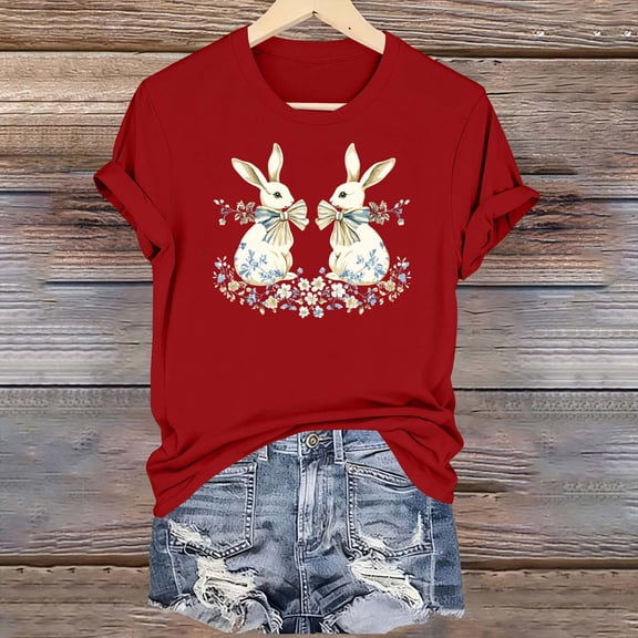 Plus Size Tops for Women Easter Bunny Casual Printed Round Neck Short Sleeved T-shirt Red XXXL