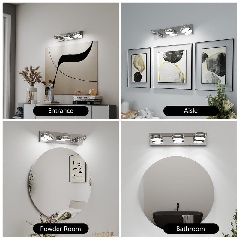 TICOZE 20 Inch 3-Light Modern Chrome LED Vanity Light Bar, 18W Energy-Efficient Bathroom Mirror Lighting Fixture with Cool White Illumination