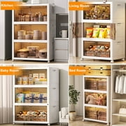 Storage Bins with Lids- 4 Tier Folding Storage box with Doors and Wheels, Collapsible Plastic Storage Bins for Closets, Stackable Storage Organizer, Storage Containers for Closet, White