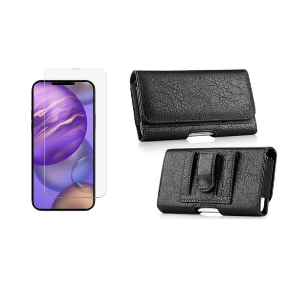 Bemz Holster Bundle for Apple iPhone 12 Mini: PU Leather Phone Carrying Belt Holster Pouch Case (Cards Slot/Coins Holder) with Tempered Glass Screen Protector - Black