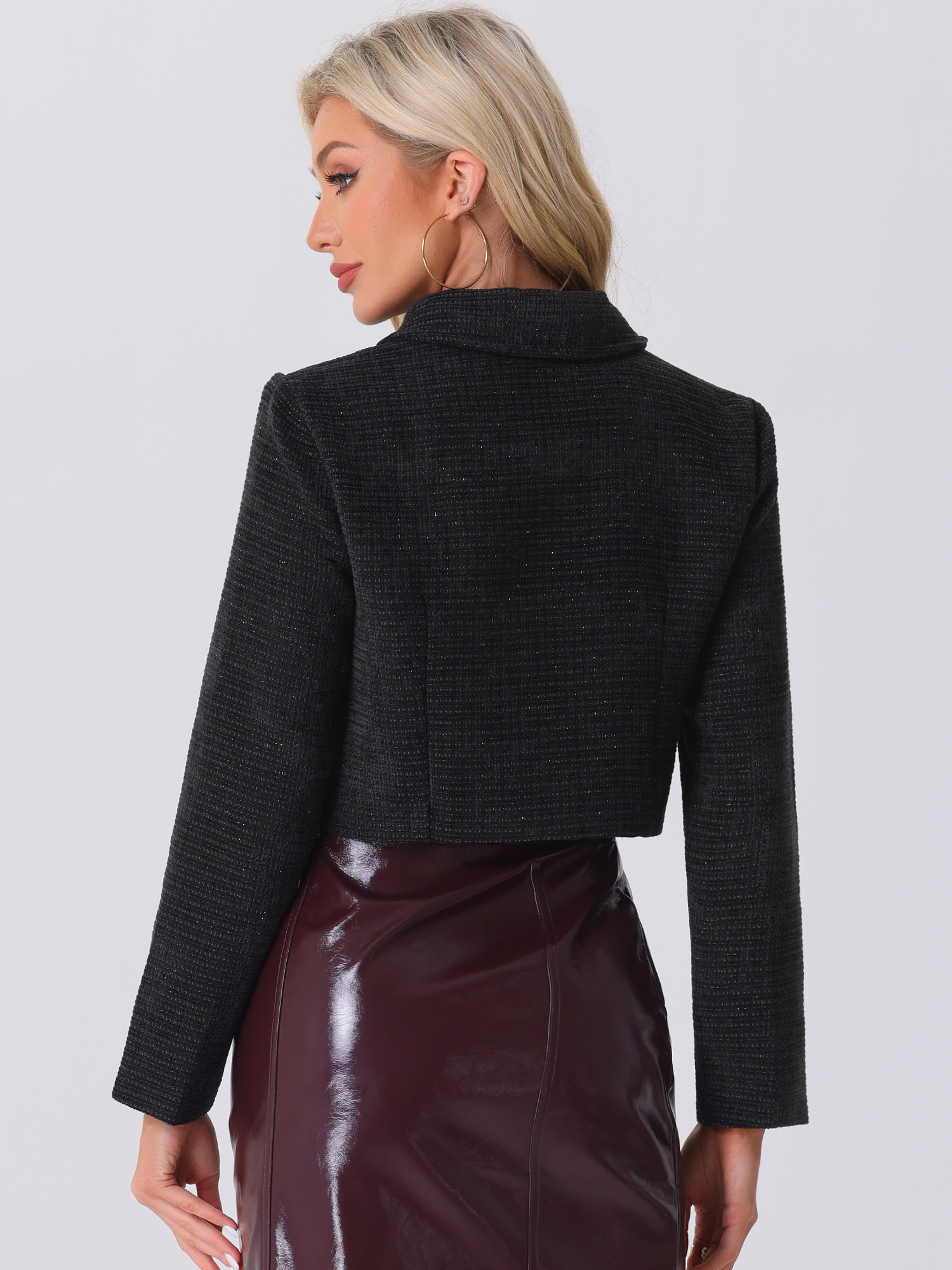 DARING DIVA Women's Button Blazer Casual Short Suit Collared Crop Tweed Jacket L Black