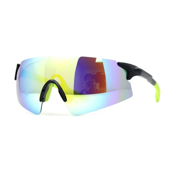 Polarized Mens Cool Mirror Curved Shield Rimless Plastic Sport Sunglasses Black Green - Yellow Mirror
