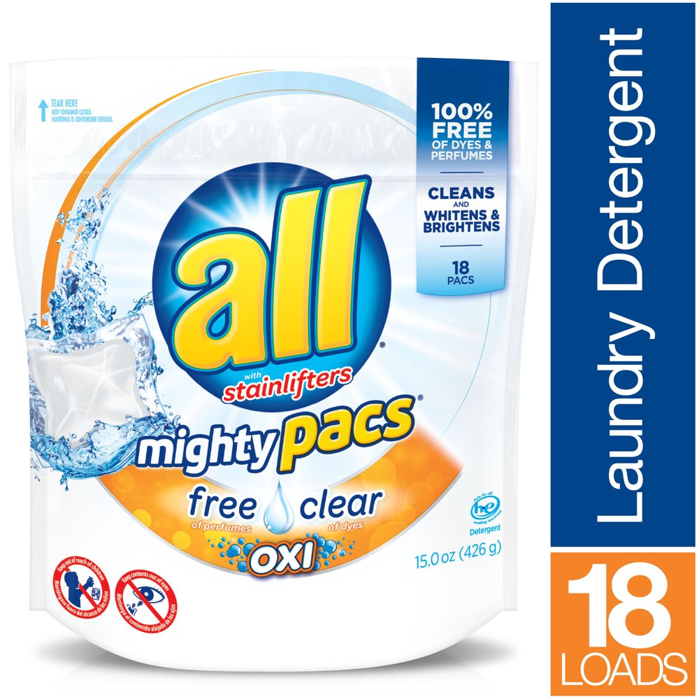 all Mighty Pacs Laundry Detergent with OXI Stain Removers and Whiteners, Free Clear, Pouch, 18
