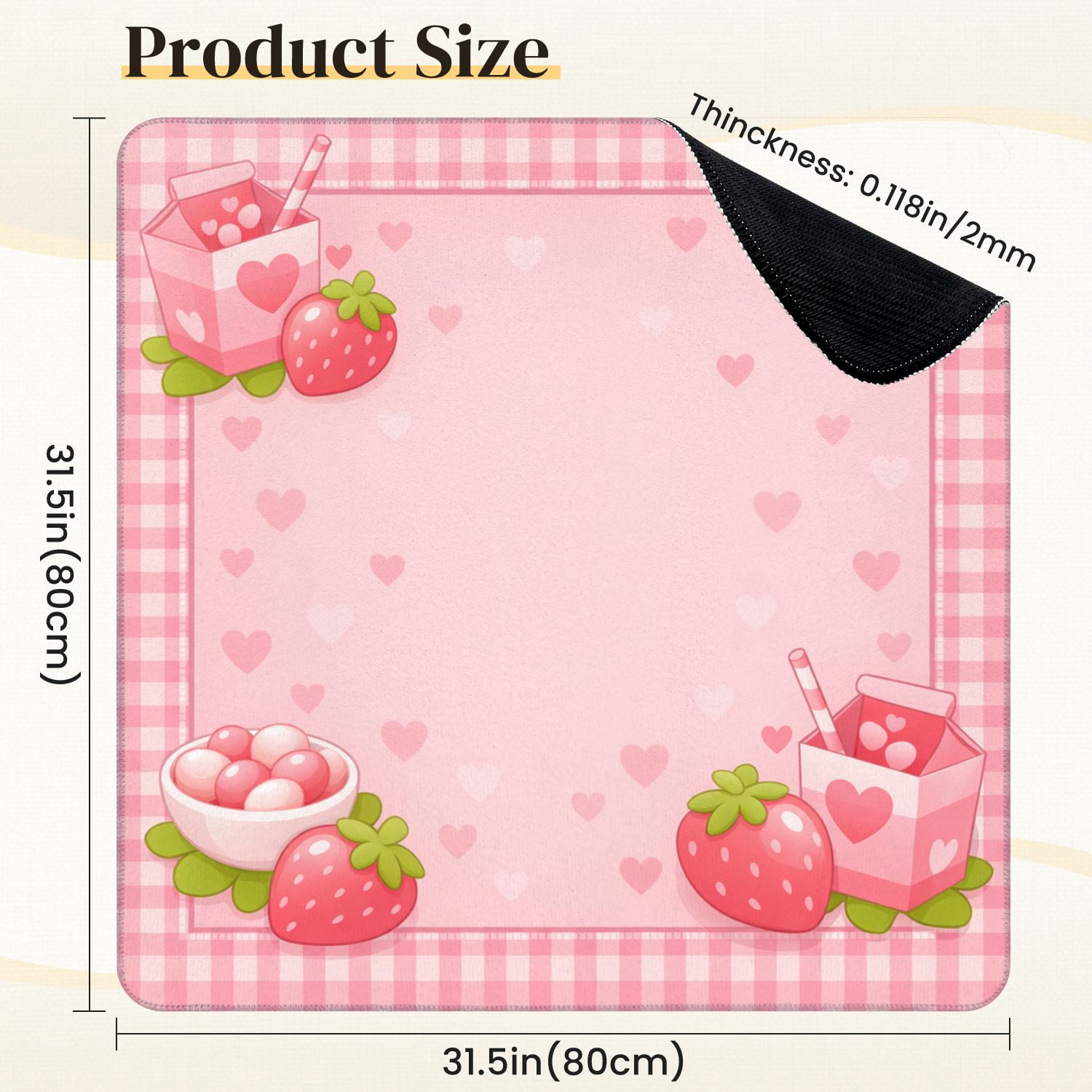 Mahjong Mat 31.5" x 31.5" Pink Strawberry Hearts Sweet Treats Non-Slip Noise Reduction Mahjong Tiles Table Cover for Dominoes Poker Card Board and Tile Games