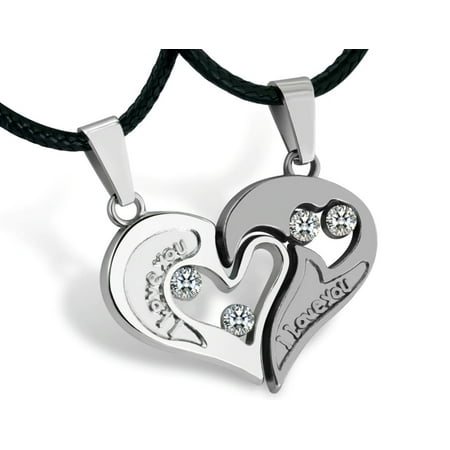 His and Hers Stainless Steel I Love You Heart Men Women Couple Pendant Necklace - Silver/Black