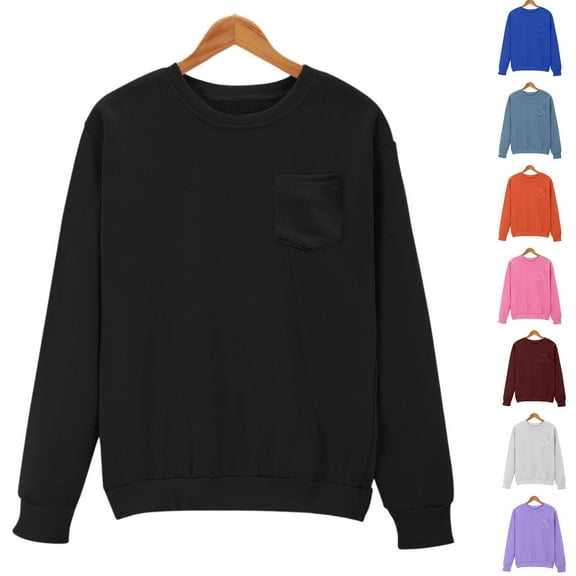 HVOBTTY Women's Long Sleeved Sweatshirts, Fall and Winter Tops for Women, Women's Casual Solid Color Long Sleeve Crew Neck Loose Fitting Short Sweatshirt with Pocket Navy, Navy
