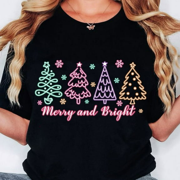 YUHAK Merry and Bright T-Shirt, Christmas Neon T-Shirt, Christmas Tree T-Shirt, Tis the Season T-Shirt, Merry Christmas T-Shirt, Holiday T-Shirt, Christmas Shirt