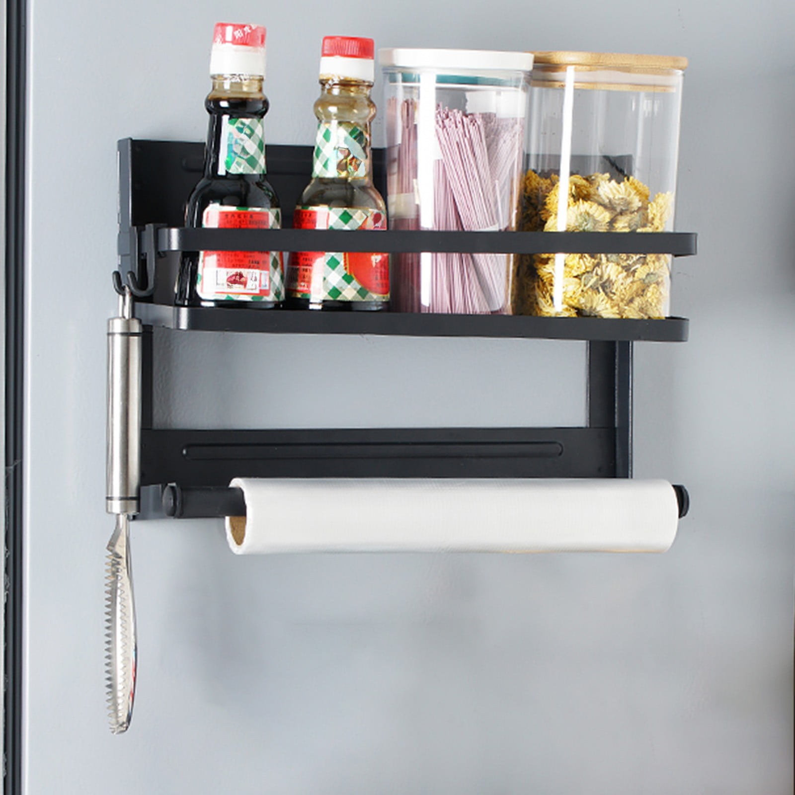 CasaChic Folding Magnetic Refrigerator Shelf, Iron Wall Mounted Organizer with Partitioned Storage, Raised Guardrail & Movable Hooks, Space Saving for Kitchen Clingfilm & Seasoning Bottles