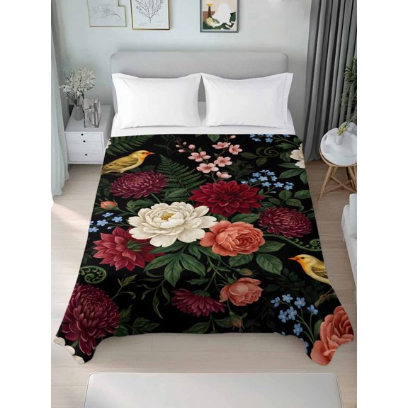 Queen Flat Sheet Only Pastoral Colorful Flower Leaf Soft Microfiber Cooling Bedding Sheets Country Blossom Floral Bird Flat Bed Sheet for Hotel,Home Decor